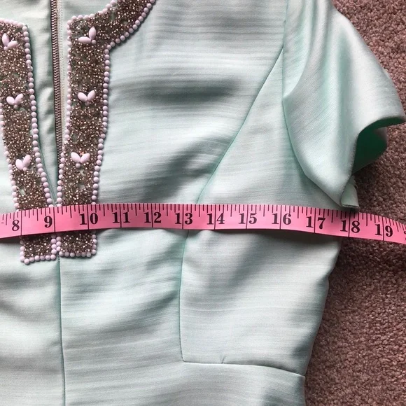 Exquisite Vintage Mint Green Sateen Dress Amazing Beading EUC! Sz M Pockets! - Picture 10 of 11